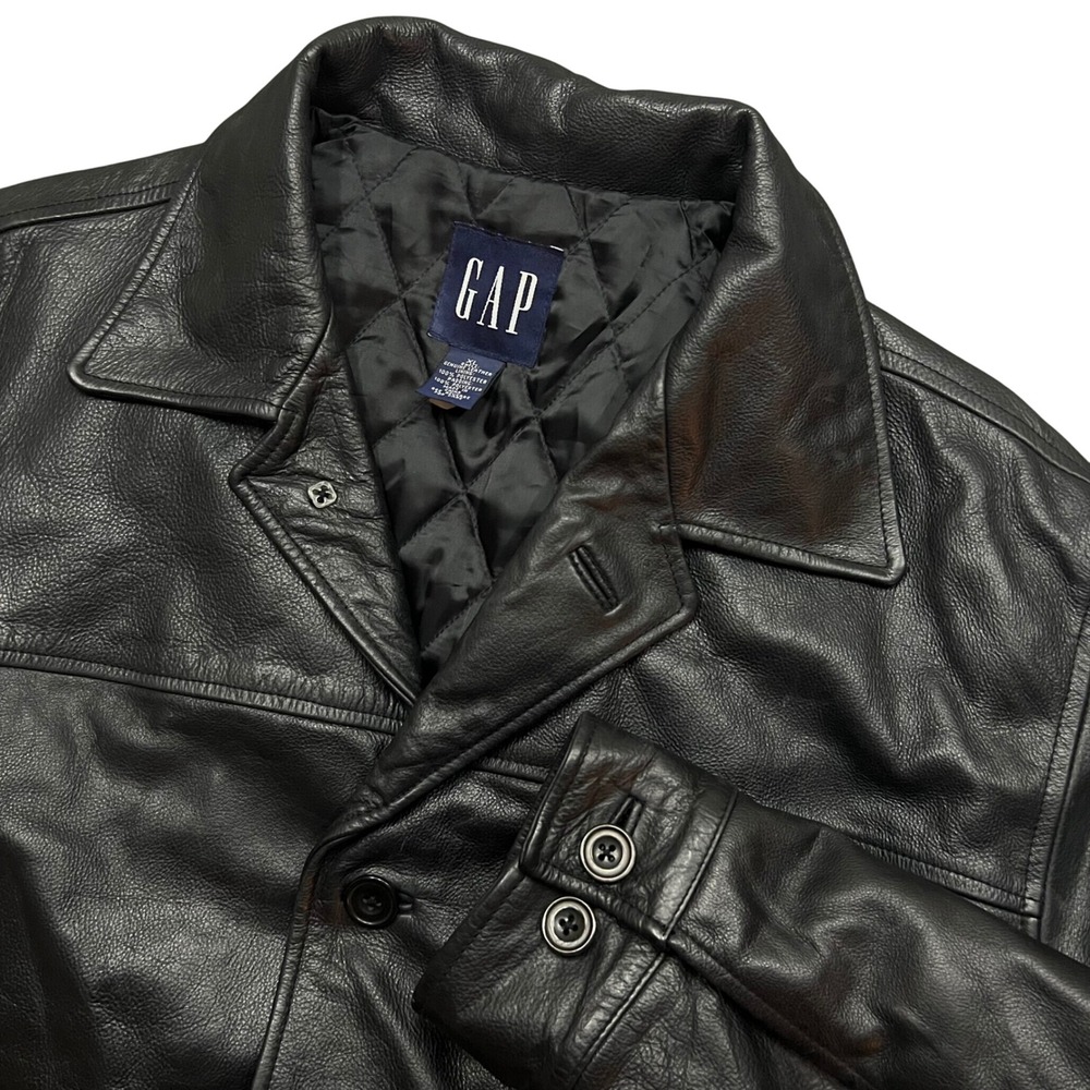 Gap Mens Leather Car Coat Jacket Black XL Quilted Lined Vintage Button Front Y2K